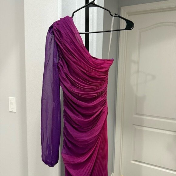ROCOCO SAND One Shoulder Purple Pink Pleated Ombré Dress Size XS High Slit - Picture 7 of 9